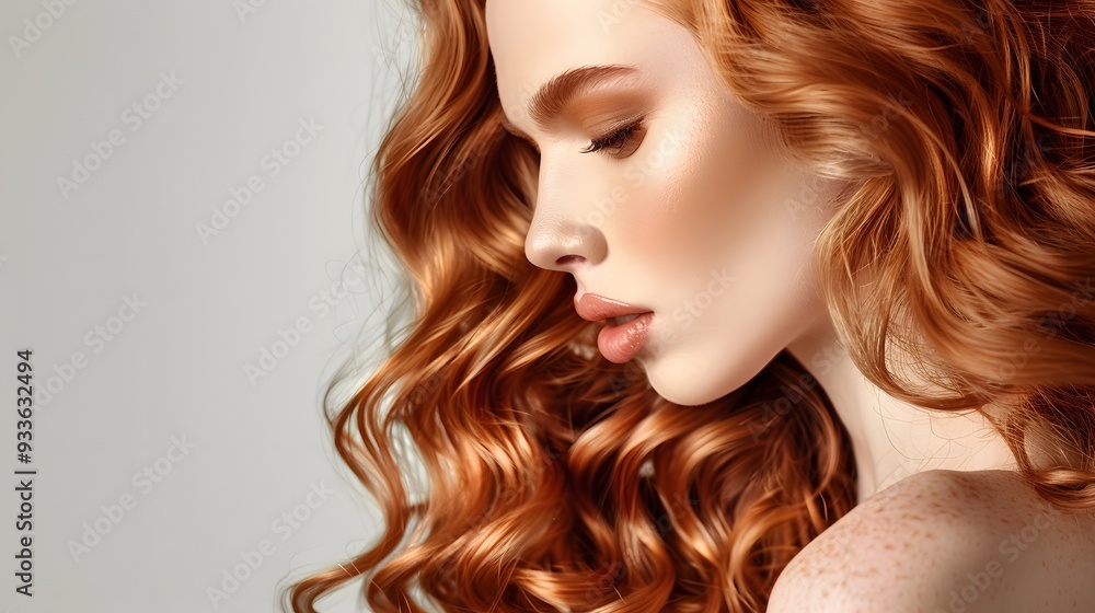 Fototapeta premium Beautiful woman in profile with long and shiny wavy hair . Beauty model girl with curly hairstyle . Fashion, cosmetics and makeup. 