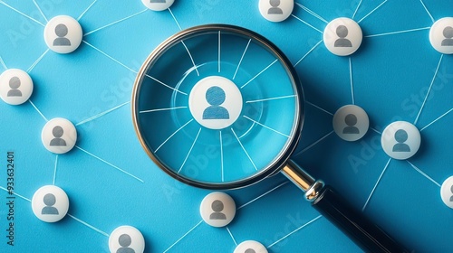 A magnifying glass focusing on a network of user icons, symbolizing search, connection, and social engagement. photo