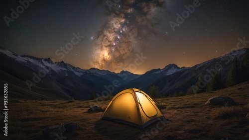 Illuminated Tent Under Milky Way in Mountainous Landscape