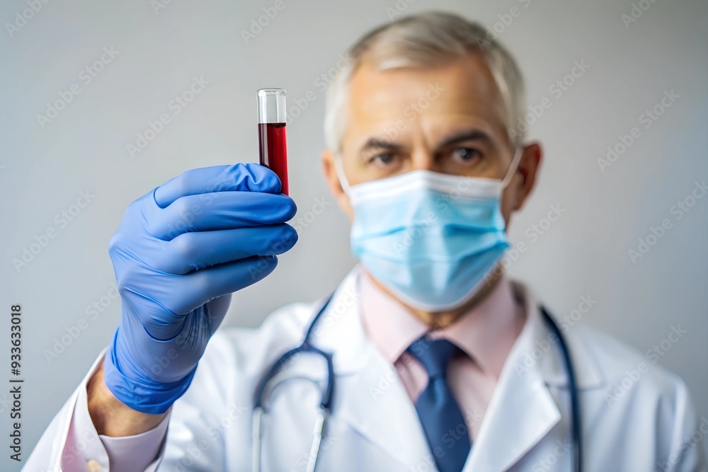 Doctor wearing medical gloves holding a blood tube with positive Monkeypox - Mpox virus Blood Sample. Doctor wearing medical gloves holding a blood tube with positive Monkeypox - Mpox virus Blood Sample.