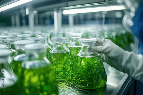 A scientist examines green algae cultures in laboratory flasks, showcasing biotechnology and sustainable resource research. photo