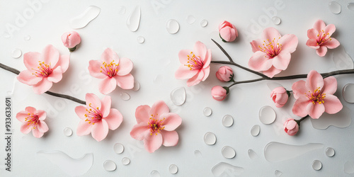 Delicate pink cherry blossoms, adorned with water droplets, lay gently on a white backdrop, capturing a perfect blend of elegance and serenity.