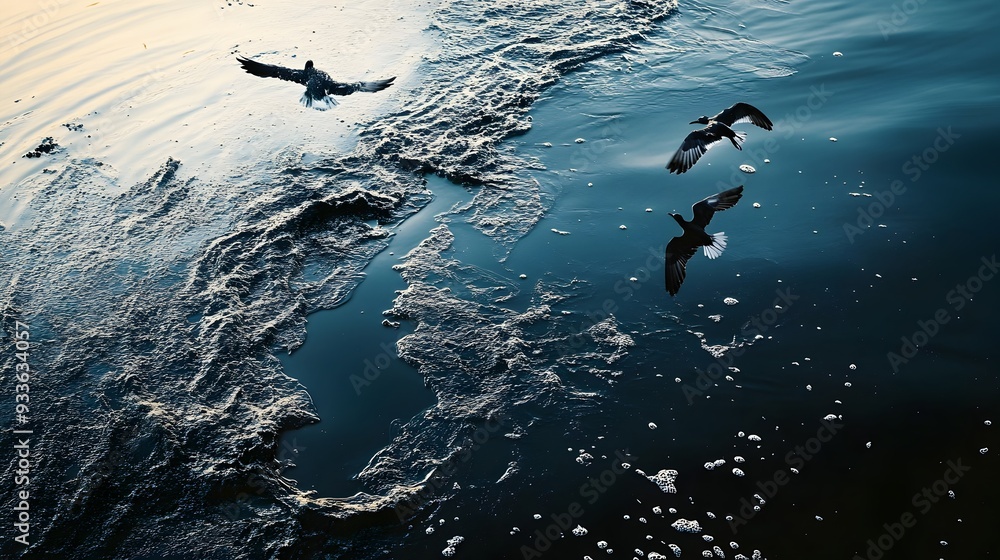 Fototapeta premium Aerial View of a Devastating Oil Spill Spreading Across the Ocean s Surface Harming Birds Marine Life and the Surrounding Ecosystem in an Environmental Crisis