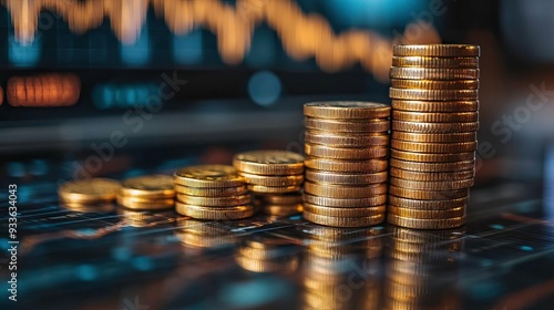 A stack of coins representing financial growth and investment strategy on a digital background. photo