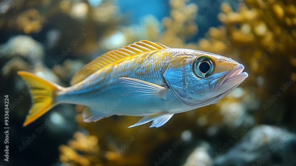Fototapeta premium A close-up of a yellow and blue fish swimming near coral reefs.