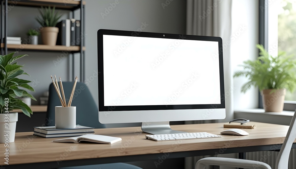 Fototapeta premium Modern office desk with blank screen computer monitor, Computer screen mockup, Computer blank screen, Computer front view screen mockup