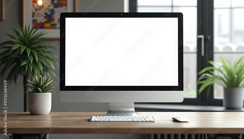 Modern office desk with blank screen computer monitor, Computer screen mockup, Computer blank screen, Computer front view screen mockup Modern office desk with blank screen computer monitor, Computer screen mockup, Computer blank screen, Computer front view screen mockup