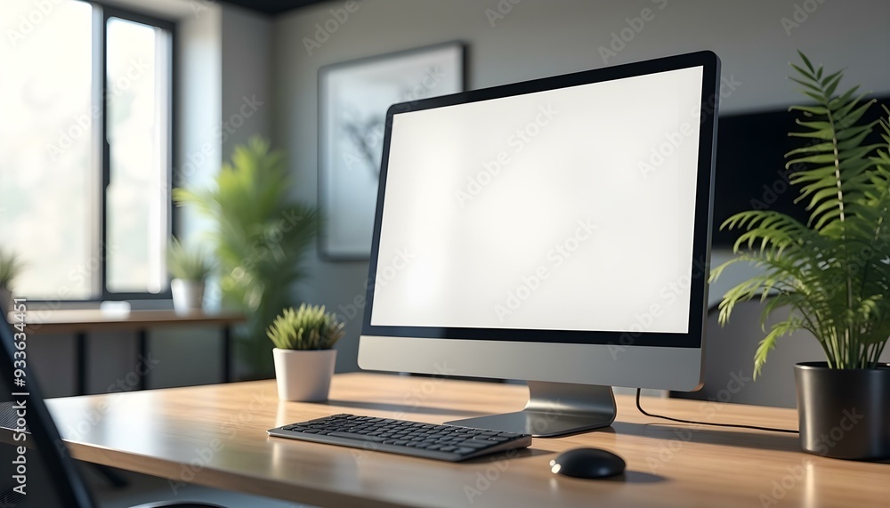Modern office desk with blank screen computer monitor, Computer screen mockup, Computer blank screen, Computer front view screen mockup Modern office desk with blank screen computer monitor, Computer screen mockup, Computer blank screen, Computer front view screen mockup