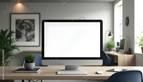 Modern office desk with blank screen computer monitor, Computer screen mockup, Computer blank screen, Computer front view screen mockup