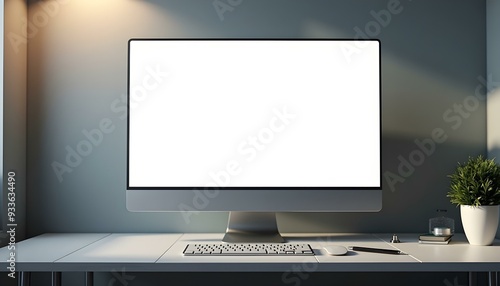 Modern office desk with blank screen computer monitor, Computer screen mockup, Computer blank screen, Computer front view screen mockup