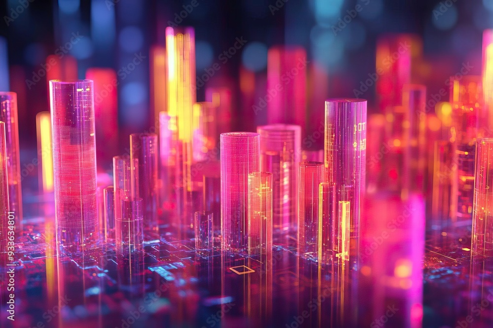 A vibrant digital cityscape, showcasing futuristic architecture and colorful lights, perfect for technology and innovation themes. A vibrant digital cityscape, showcasing futuristic architecture and colorful lights, perfect for technology and innovation themes.