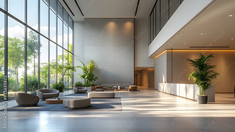 Fototapeta premium Modern glass wall commercial buildings reception lobby hall, Realistic 3d rendering.