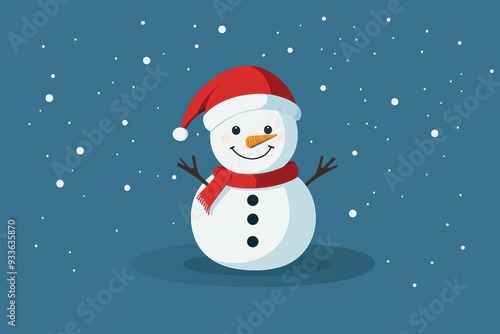 A cheerful snowman wearing a red hat and scarf, surrounded by falling snowflakes in a winter wonderland setting.