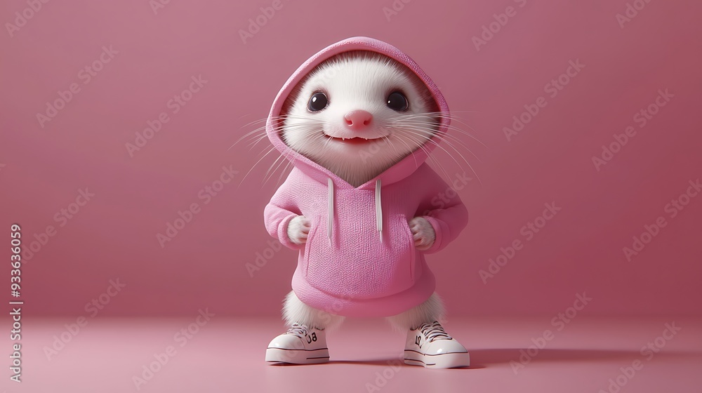 Playful White Ferret in Cute Pink Hoodie and Sneakers with Cheerful Grin - High-Quality Full-Body Shot against Minimalist Backdrop Playful White Ferret in Cute Pink Hoodie and Sneakers with Cheerful Grin - High-Quality Full-Body Shot against Minimalist Backdrop