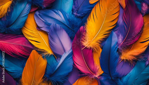 A vibrant assortment of colorful feathers, featuring shades of blue, purple, orange, yellow, and pink, creating a striking and lively display.