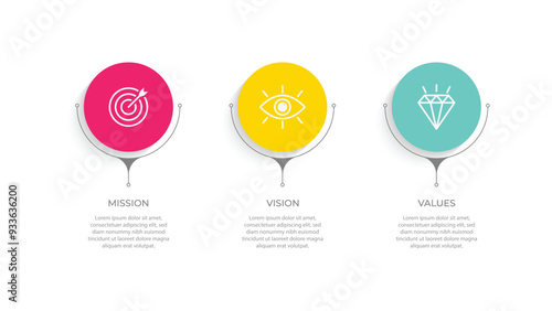 Mission Vision Values of company icon set, Success symbol isolated background, Organization mission flat simple infographics design template. vector illustration