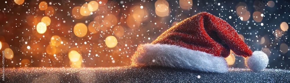 A festive Christmas hat resting on a snowy surface, surrounded by sparkling lights creating a warm holiday atmosphere. A festive Christmas hat resting on a snowy surface, surrounded by sparkling lights creating a warm holiday atmosphere.
