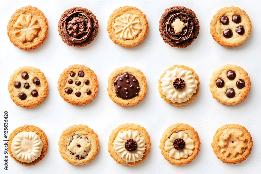Collection of round cookie cookies biscuit, classic and nut set top view isolated on white background.
Collection of round cookie cookies biscuit, classic and nut set top view isolated on white background.