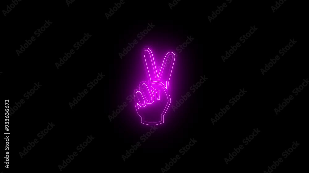 pink colors neon hand icon and neon winner finger sign animation. pink colors neon hand icon and neon winner finger sign animation.