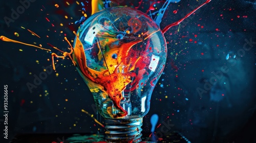 Creative light bulb explodes with colorful paint and splashes on a black background.