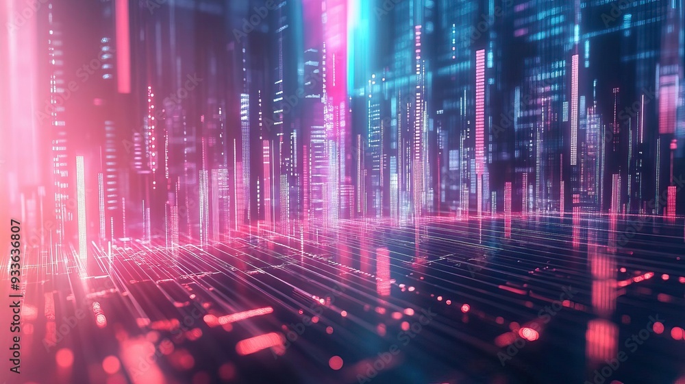 Abstract digital landscape with glowing lines and vibrant colors, showcasing futuristic technology and data visualization. Abstract digital landscape with glowing lines and vibrant colors, showcasing futuristic technology and data visualization.