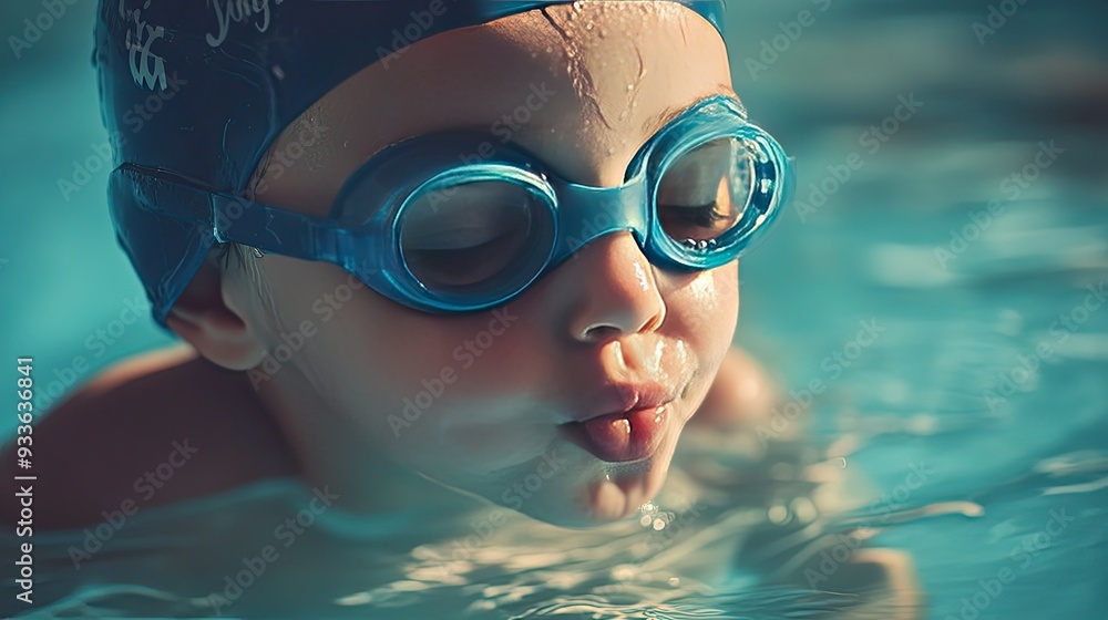 Naklejka premium Close-up of a young child, around 6 years old, in a swimming cap and goggles, gently touching the water with a playful kiss during a swimming lesson.