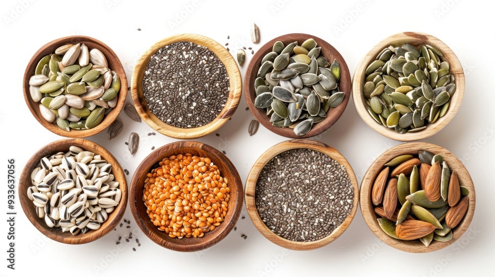 Culinary top view image of mixed seeds, chia, flax, pumpkin, sunflower, and sesame, aimed at health-conscious audiences, isolated background Culinary top view image of mixed seeds, chia, flax, pumpkin, sunflower, and sesame, aimed at health-conscious audiences, isolated background