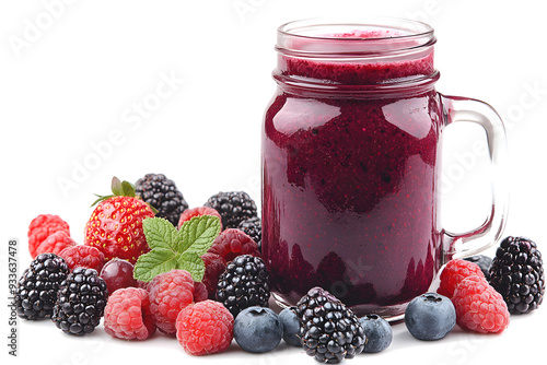 Mixed berry smoothie in a mason jar with a striped straw isolated on white background