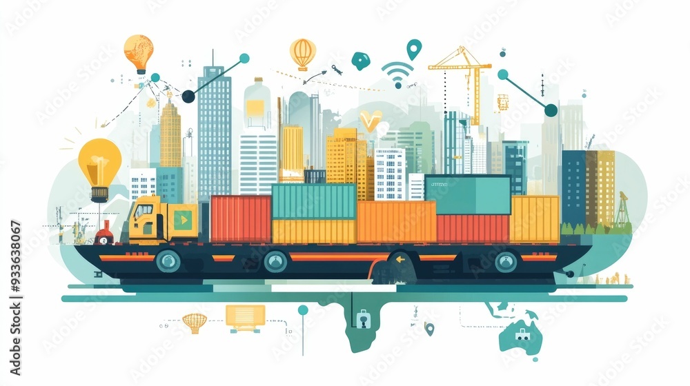 Obraz premium Flat Design Depicting the Concepts of Global Logistics Freight Capacity Planning and Supply Chain Management on a Large Scale