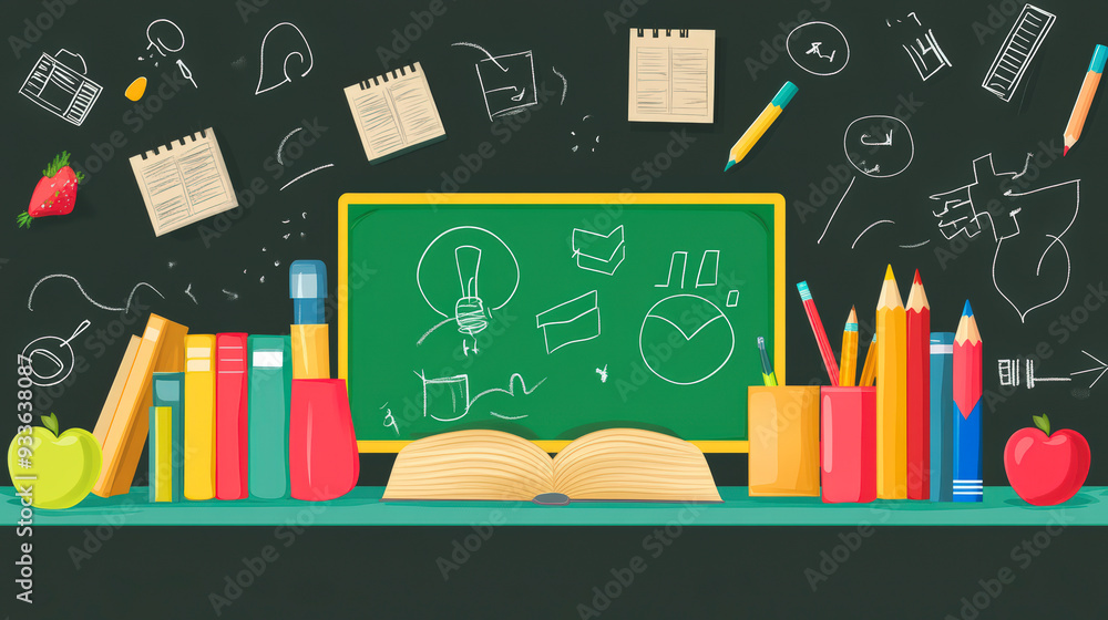 A chalkboard with drawings, open books, colorful pencils, pens, and apples creates a vibrant education-themed setup. A chalkboard with drawings, open books, colorful pencils, pens, and apples creates a vibrant education-themed setup.
