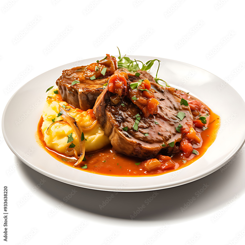 Decadent Osso Buco with Tomato Basil Sauce. On white background Decadent Osso Buco with Tomato Basil Sauce. On white background