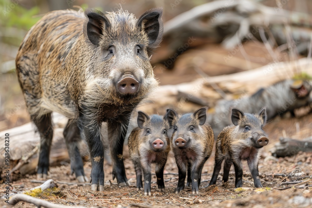 Protective Wild Boar Mother and Adorable Piglets Exploring Woodland Together, Family Portrait Protective Wild Boar Mother and Adorable Piglets Exploring Woodland Together, Family Portrait