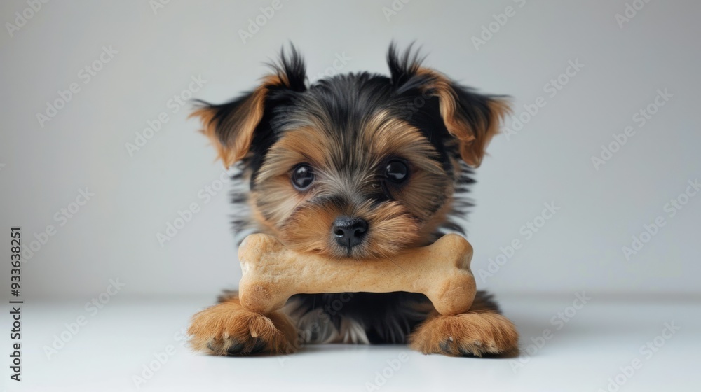 Cute little Yorkshire terrier puppy peeking over white background Cute little Yorkshire terrier puppy peeking over white background