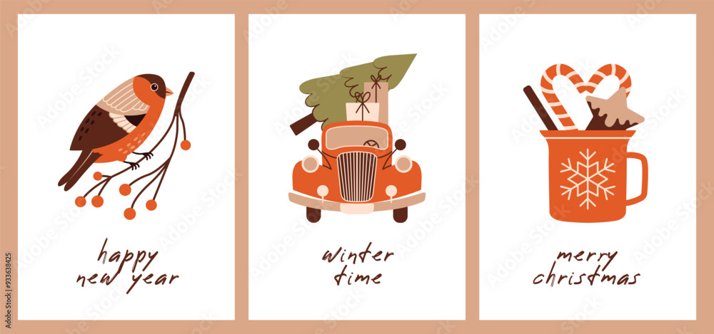 Fototapeta premium Cards for winter holidays. Happy New Year. Merry Christmas. Vintage red car is carrying a Christmas tree. Bullfinch sitting on branch with berries. Cosy cup with cookies and candy canes.