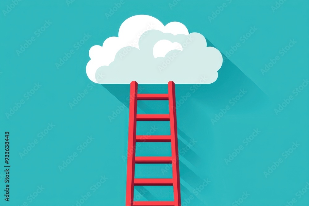 A vibrant red ladder reaching towards a fluffy cloud against a bright blue background, symbolizing aspiration and dreams. A vibrant red ladder reaching towards a fluffy cloud against a bright blue background, symbolizing aspiration and dreams.