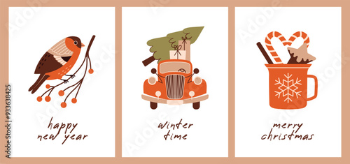 Cards for winter holidays. Happy New Year. Merry Christmas. Vintage red car is carrying a Christmas tree. Bullfinch sitting on branch with berries. Cosy cup with cookies and candy canes.