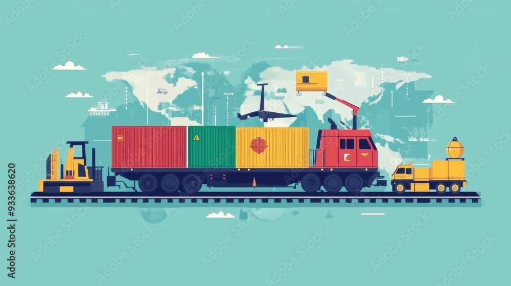 Fototapeta premium Efficient Freight Logistics Flat Design Showcasing the Management of Perishable Goods in Global Trade and Distribution Supply Chains
