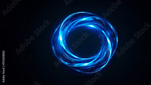 Blue swirling ring of light with a soft glow, resembling futuristic technology or a portal in a dark void.