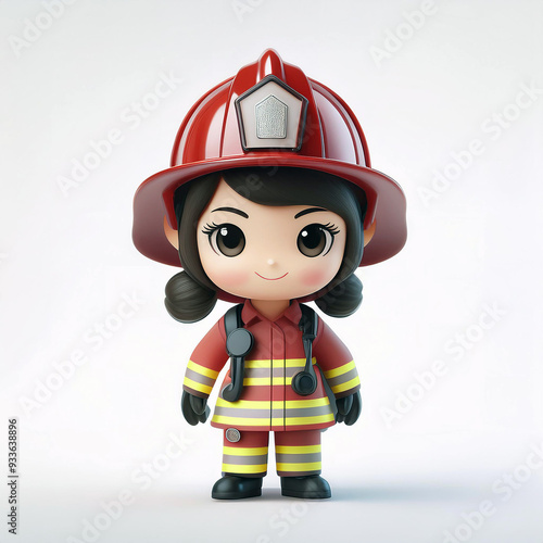 Cute Cartoon Firefighter Girl in Uniform