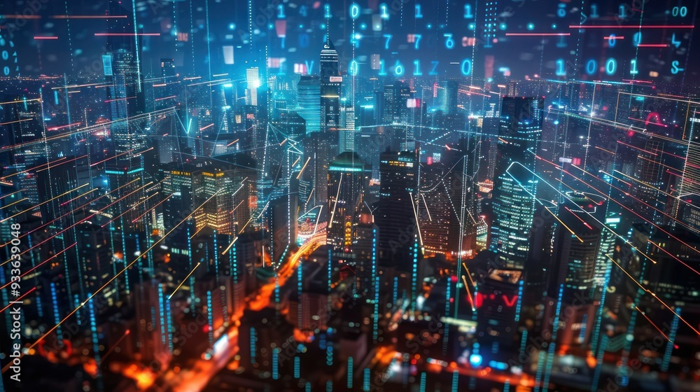 Fototapeta premium Data theme hologram drawing on city view with skyscrapers background multi exposure ,Cyberpunk urban landscape illuminated by neon lights at night ,A bustling city of the future,