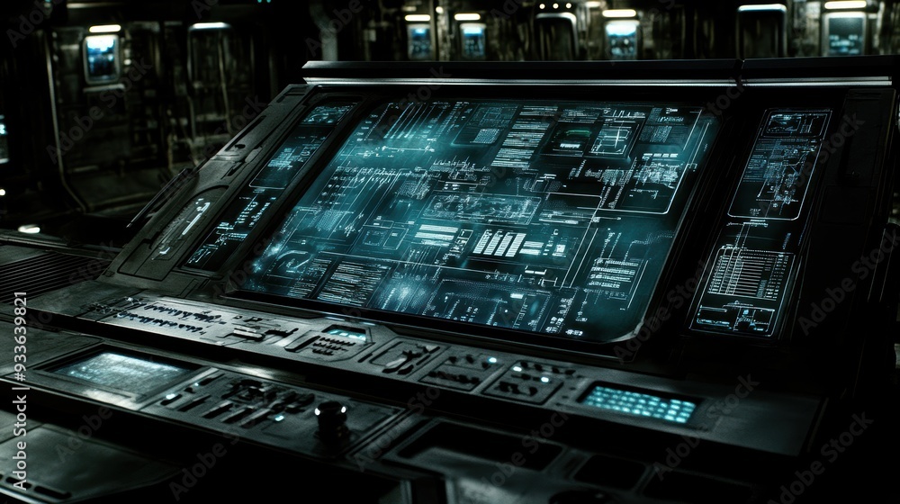 Obraz premium High-tech control room with multiple screens displaying data and graphics, showcasing an advanced technological environment.