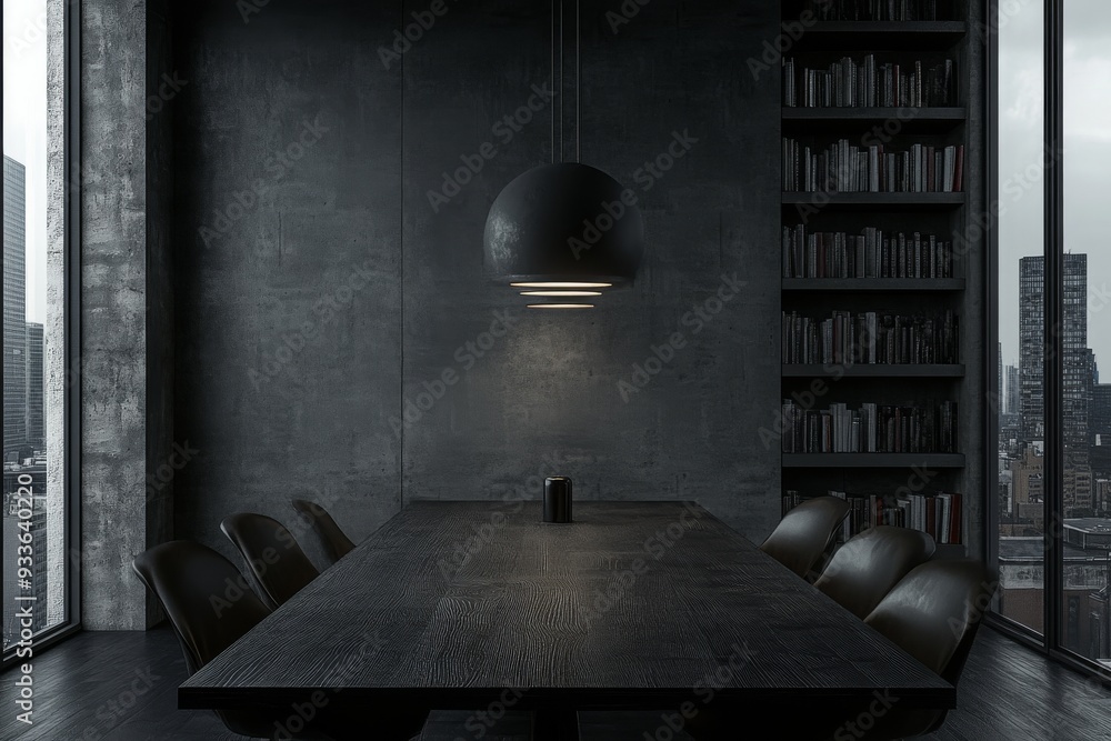 An interior design of a stylish living room with a dining table, shelving, and panoramic windows