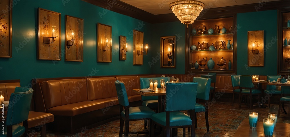 A photograph of a Turquoise-themed restaurant lit by the warm, golden light of candlelight A photograph of a Turquoise-themed restaurant lit by the warm, golden light of candlelight