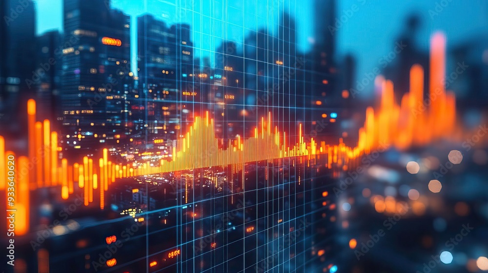 Obraz premium Dynamic chart showcasing financial data trends above a modern city skyline at night, symbolizing economic growth and technology.