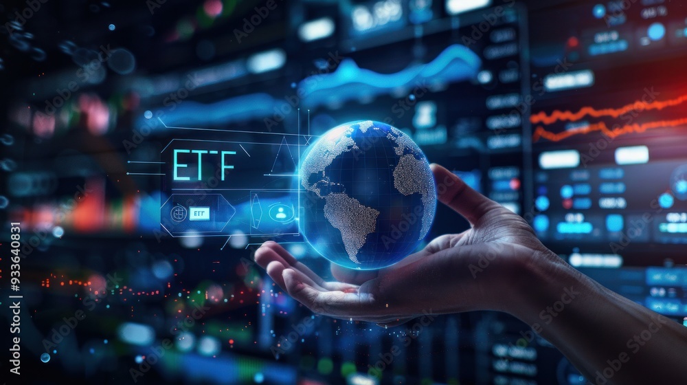 Digital futuristic style background. Hand holding earth globe with business and global digital technology icon Digital futuristic style background. Hand holding earth globe with business and global digital technology icon