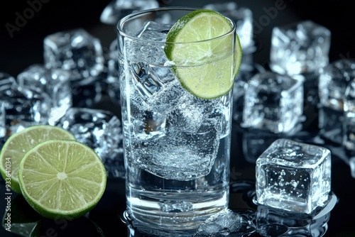 Glass of Sparkling Water with Lime and Ice Cubes