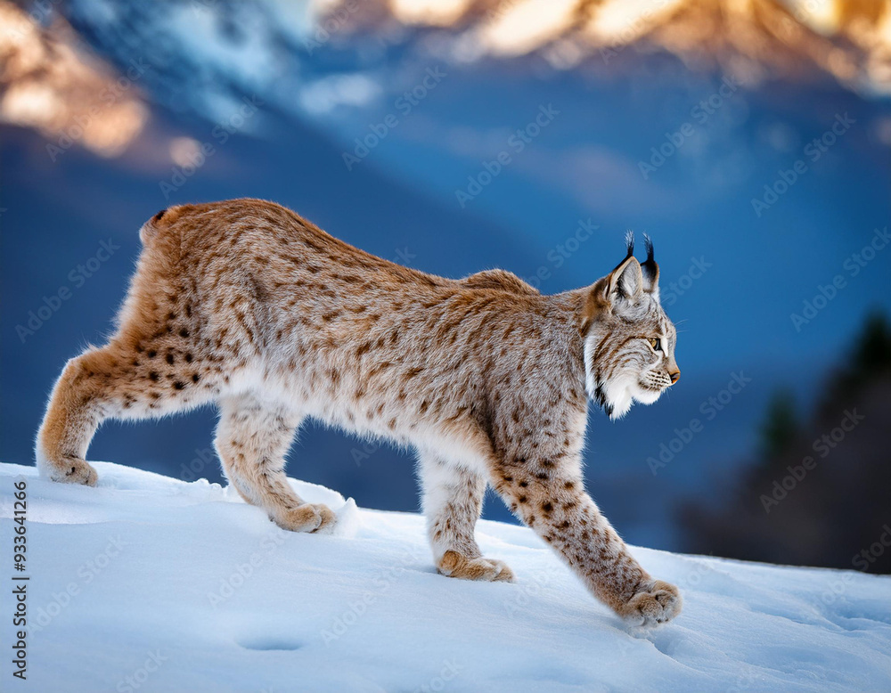 Fototapeta premium Close-up of a lynx walking on the snow in the mountains