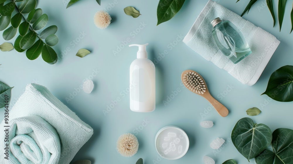 Digital mockup of a spa product arrangement featuring bottles, towels, and a scrub brush, laid out on a light blue background Digital mockup of a spa product arrangement featuring bottles, towels, and a scrub brush, laid out on a light blue background