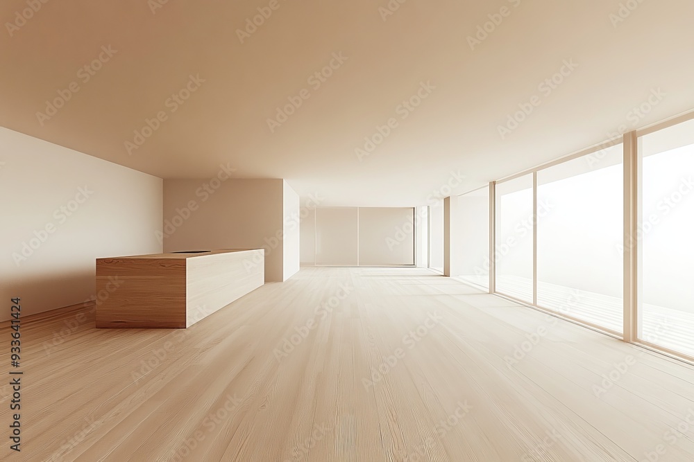 Fototapeta premium Kitchen interior with bar island and panoramic window made of wood