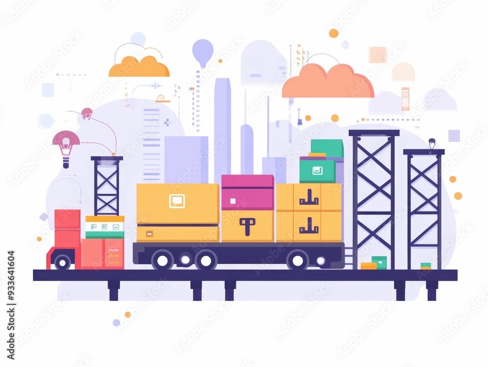 Naklejka premium showcasing a flat design of a modern cloud based automated logistics system for efficient shipping transportation and supply chain management